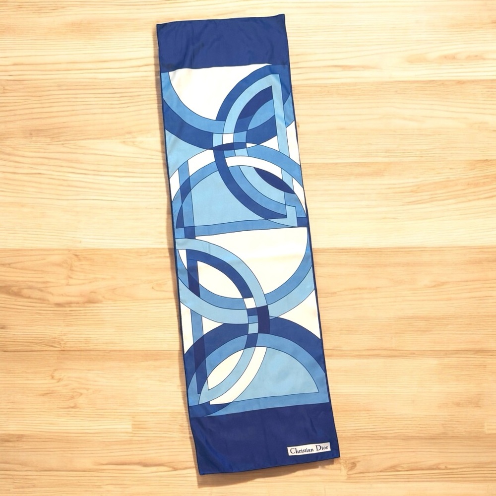 Christian Dior Vintage Silky Satin Blue Geometric Print Oblong Rectangle 44 x 14 - Picture 11 of 14